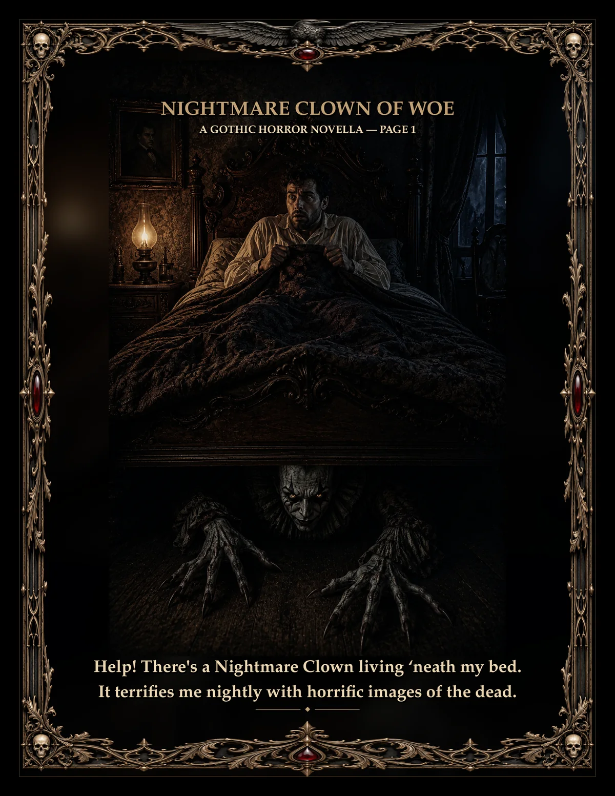 Illustrated scene from Nightmare Clown of Woe
